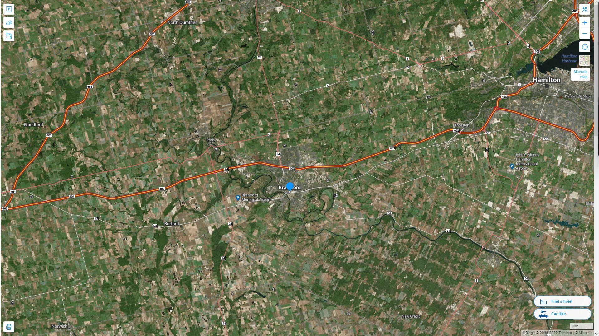 Brantford Canada Autoroute et carte routiere avec vue satellite